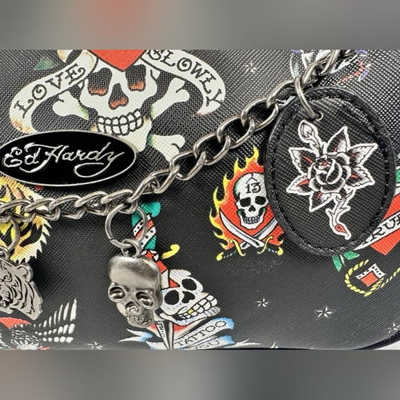 Ed Hardy Black Tattoo Print Shoulder Bag NWT Chain Strap Y2K Purse Retail $70 - Picture 8 of 9